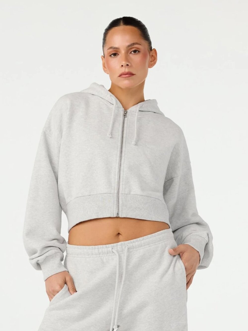 CSB Cropped Zip Hoodie in Snow Marle, Size X-Small